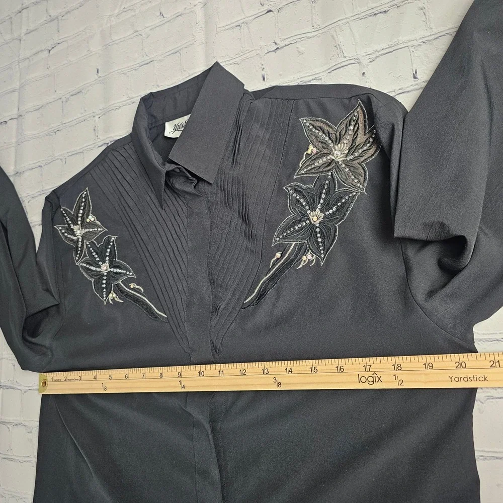 Yves St Clair‎ Black Embroidered Beaded Blouse Long Sleeve Vintage Size 12
